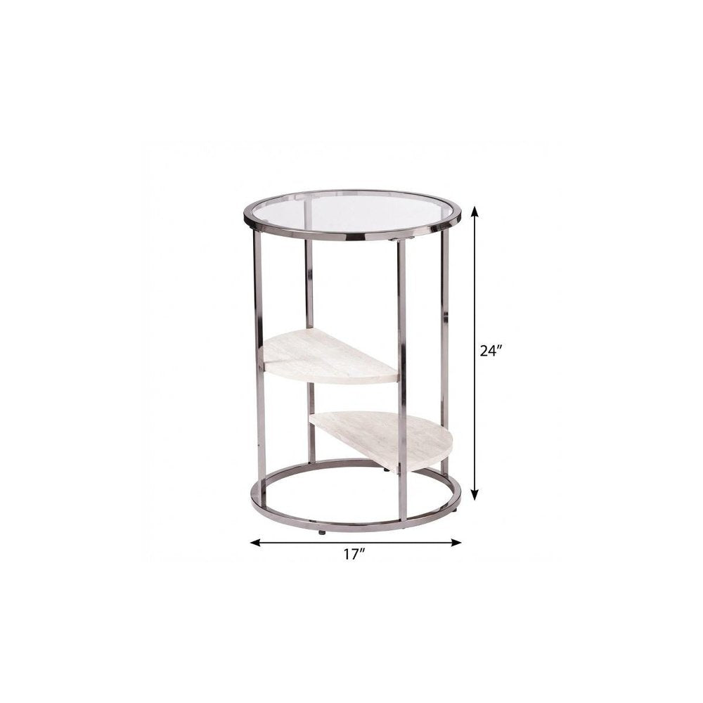 24" Black Metal Glass And Faux Marble Round End Table With Two Shelves HomeRoots