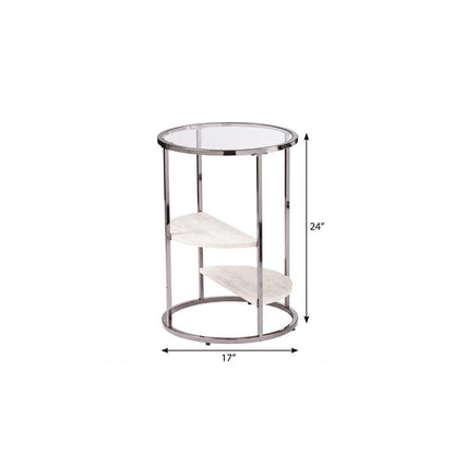 24" Black Metal Glass And Faux Marble Round End Table With Two Shelves HomeRoots