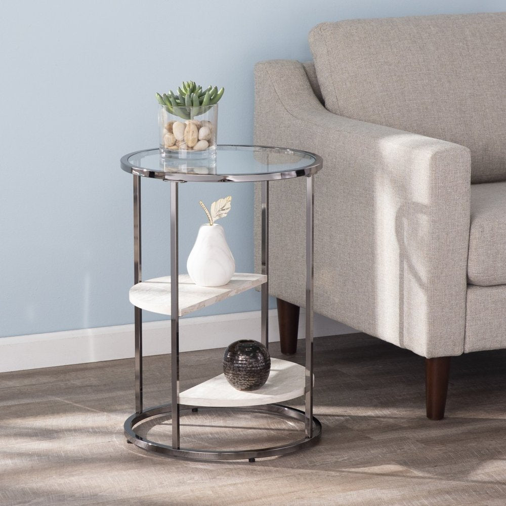 24" Black Metal Glass And Faux Marble Round End Table With Two Shelves HomeRoots