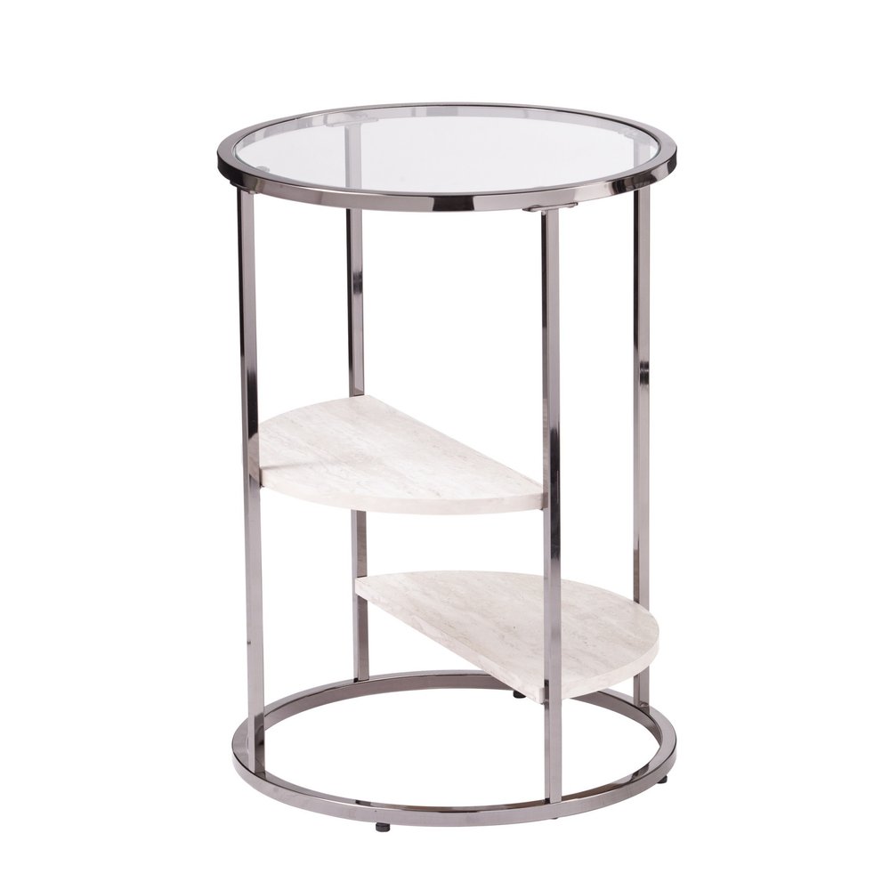 24" Black Metal Glass And Faux Marble Round End Table With Two Shelves HomeRoots