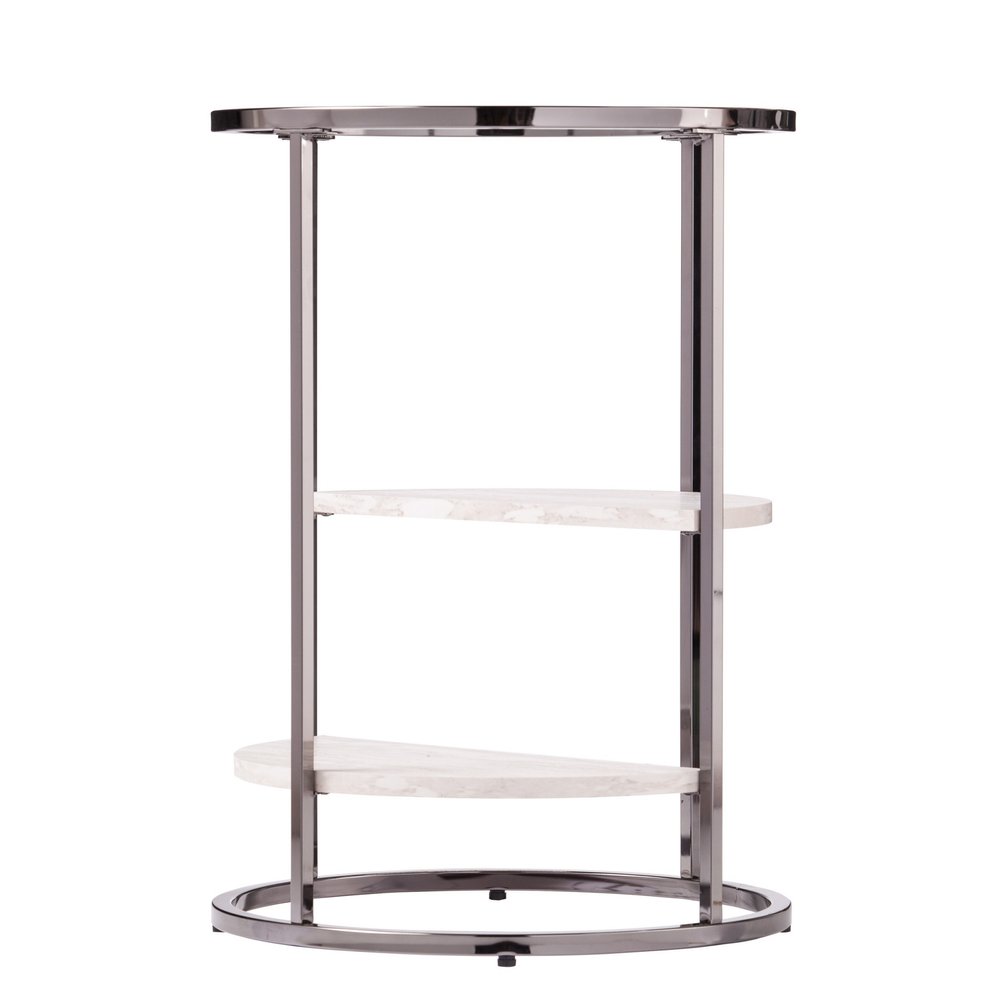 24" Black Metal Glass And Faux Marble Round End Table With Two Shelves HomeRoots