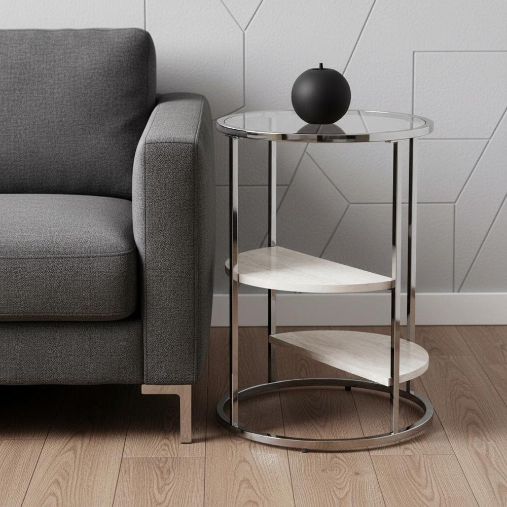 24" Black Metal Glass And Faux Marble Round End Table With Two Shelves HomeRoots