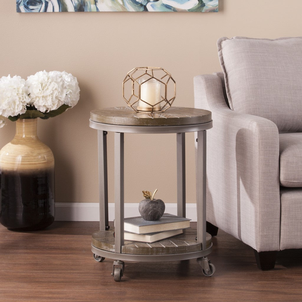 24" Brown Manufactured Wood And Iron Round End Table With Shelf