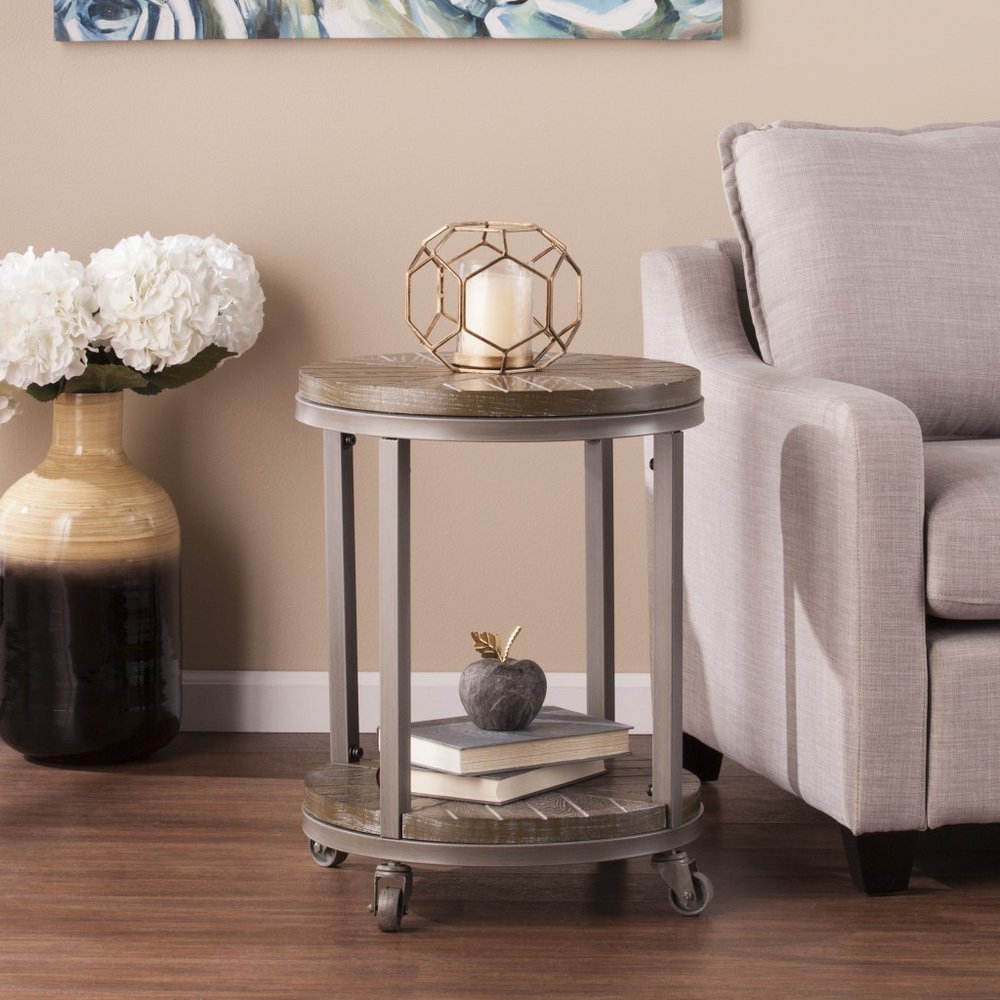 24" Brown Manufactured Wood And Iron Round End Table With Shelf HomeRoots
