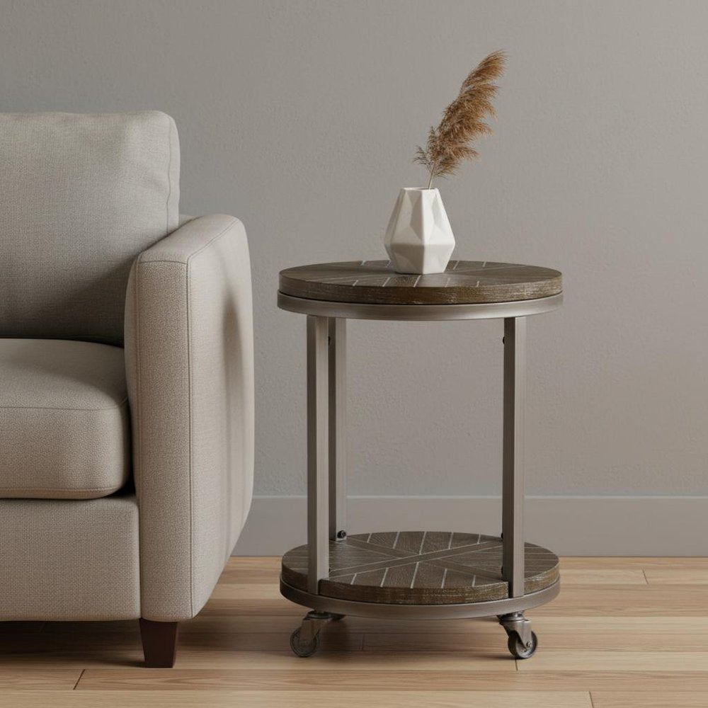 24" Brown Manufactured Wood And Iron Round End Table With Shelf HomeRoots