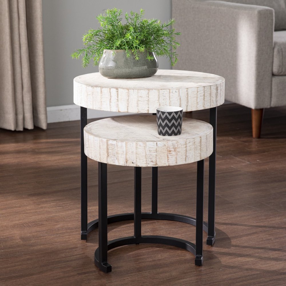 Set Of Two 21" White Solid Wood And Iron Round Nested Tables HomeRoots