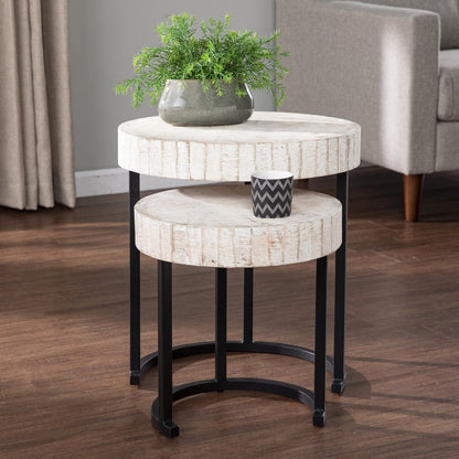 Set Of Two 21" White Solid Wood And Iron Round Nested Tables HomeRoots