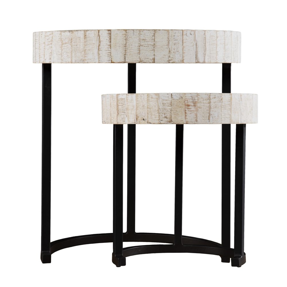 Set Of Two 21" White Solid Wood And Iron Round Nested Tables HomeRoots