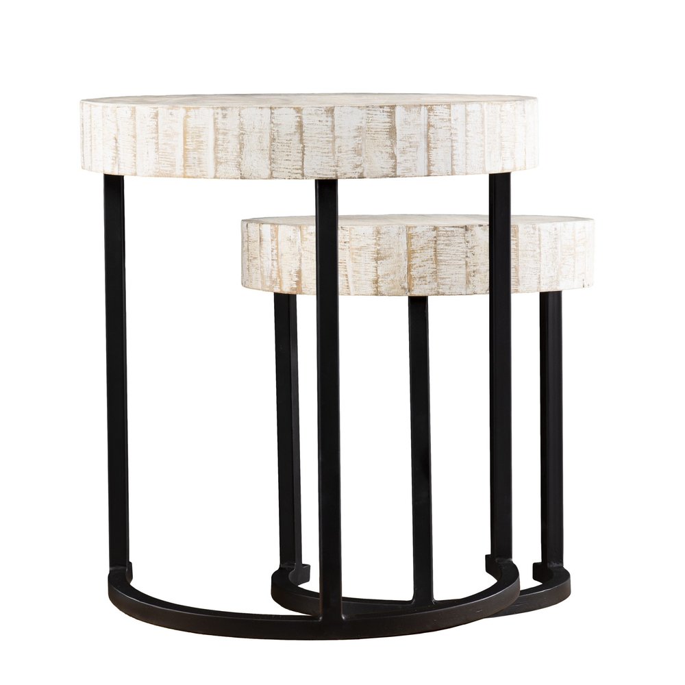Set Of Two 21" White Solid Wood And Iron Round Nested Tables HomeRoots