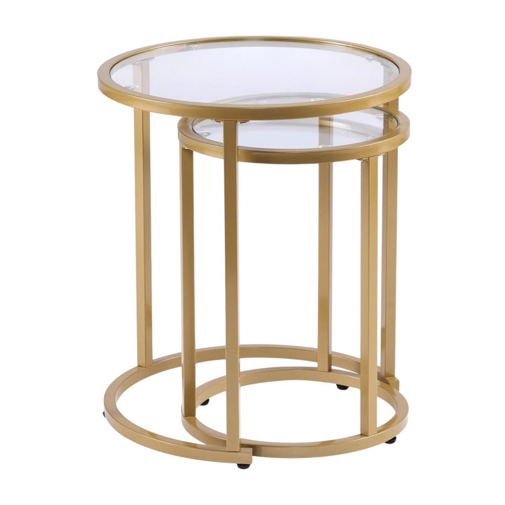 Set Of Two 23" Gold Glass And Steel Round Nested Tables HomeRoots