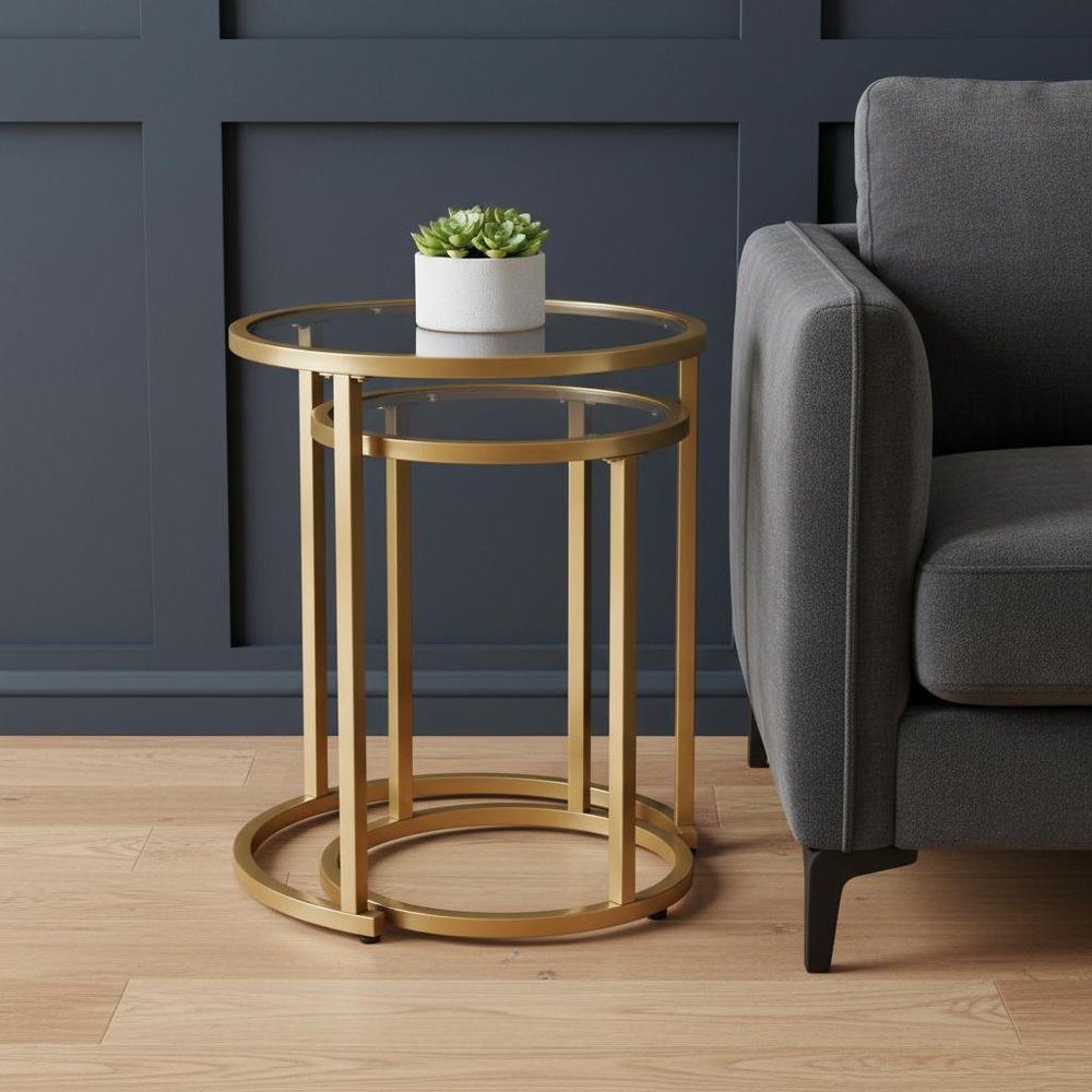 Set Of Two 23" Gold Glass And Steel Round Nested Tables HomeRoots