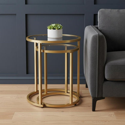 Set Of Two 23" Gold Glass And Steel Round Nested Tables HomeRoots