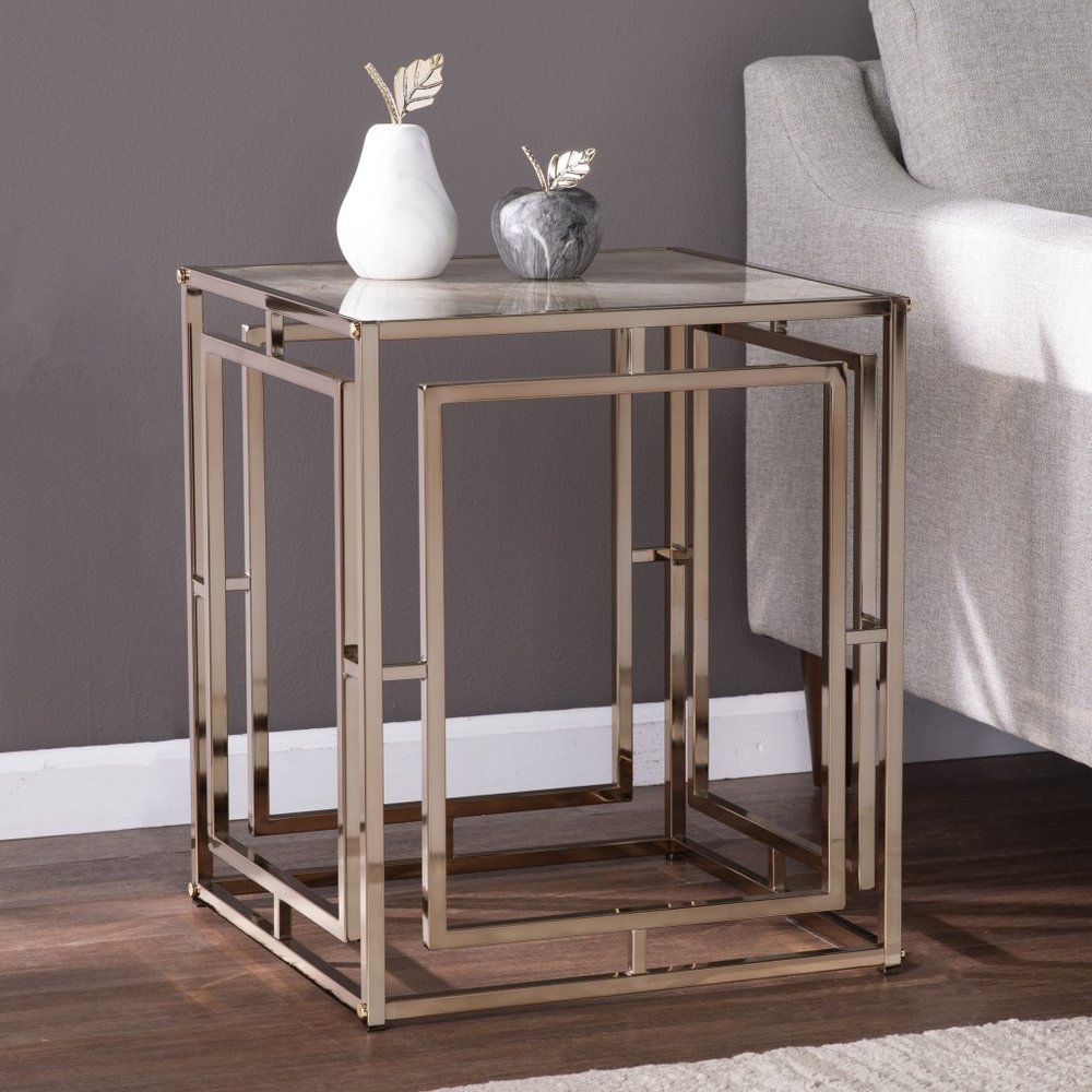 23" Champagne Glass And Iron Square End Table HomeRoots