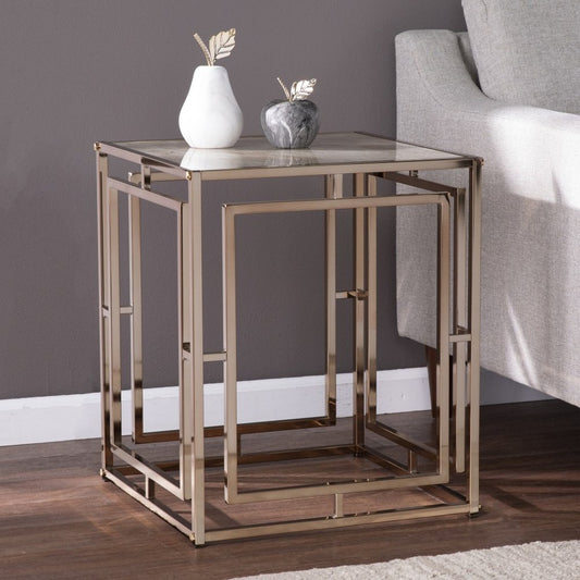 23" Champagne Glass And Iron Square End Table HomeRoots