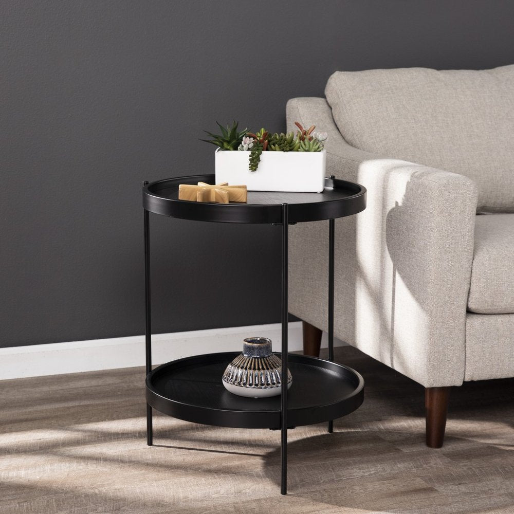 24" Black Manufactured Wood And Iron Round End Table With Shelf HomeRoots