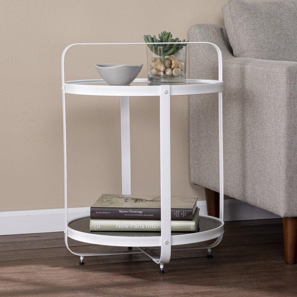 27" White Glass And Iron Round End Table With Shelf HomeRoots