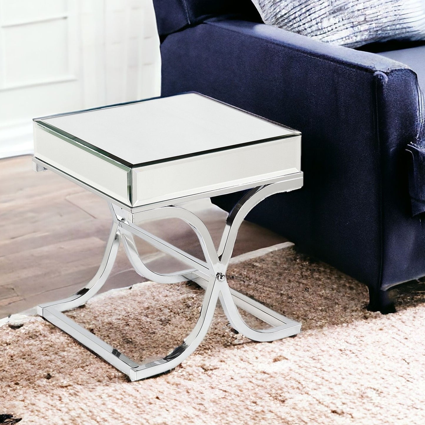 22" Silver And Clear Mirrored Glass Square End Table
