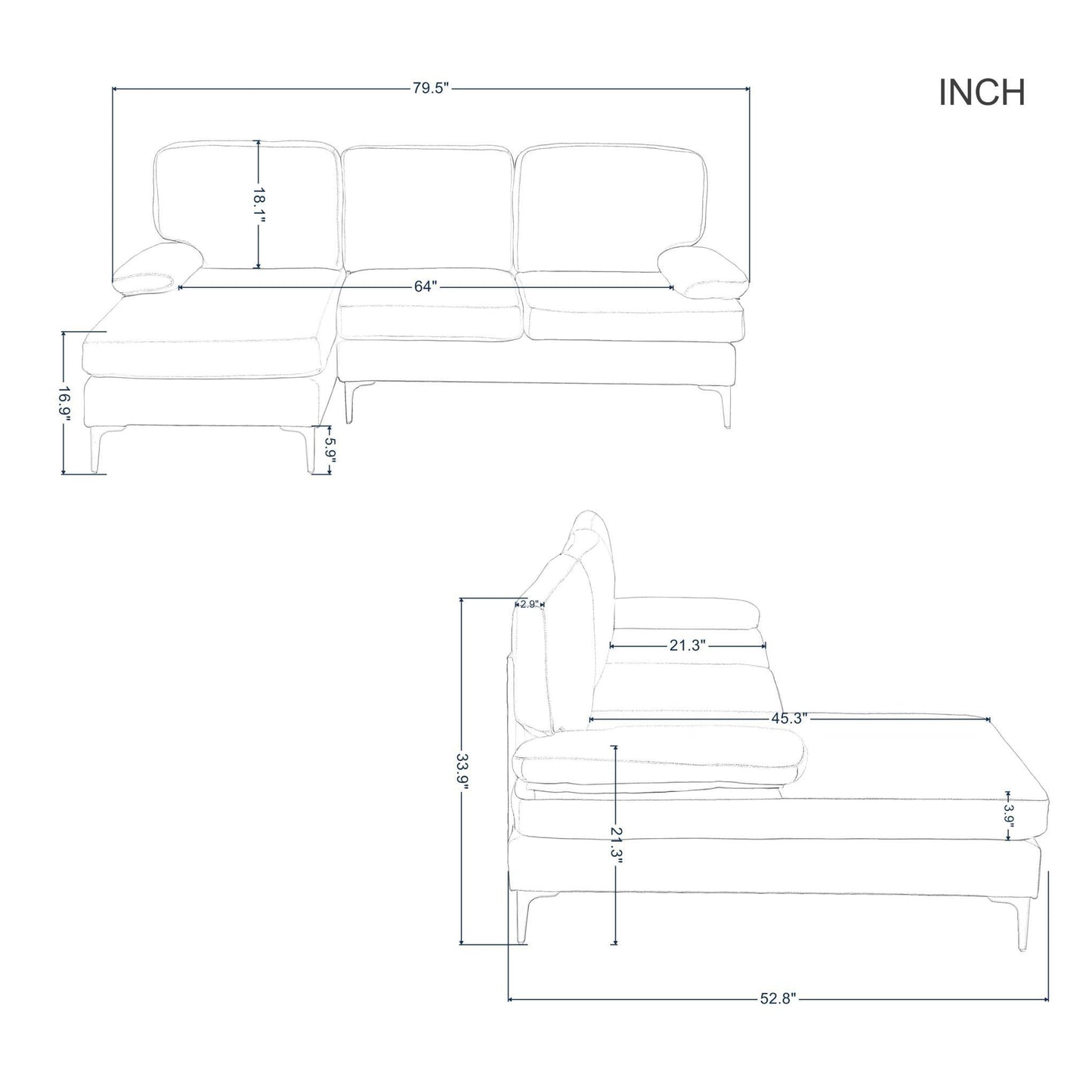 79.5” Left hand facing Sofa & Chaise - FurniFindUSA