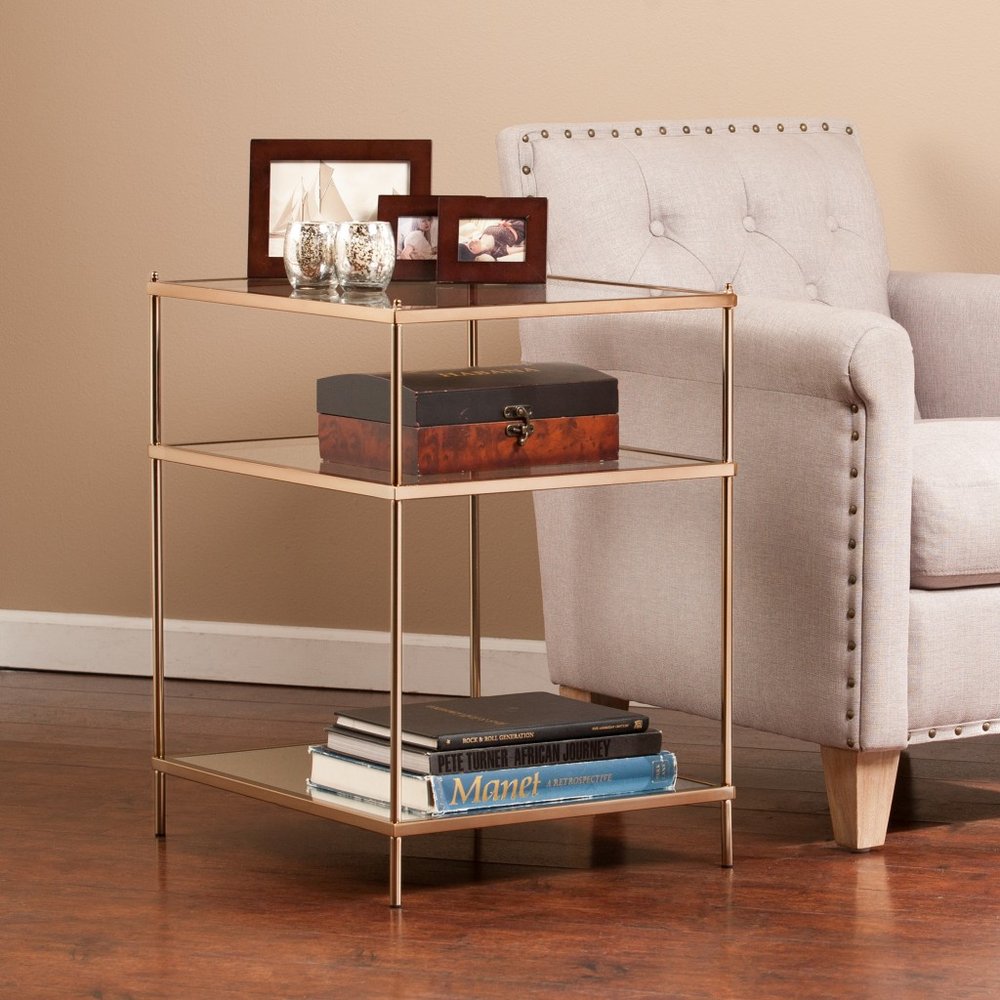 27" Gold And Clear Glass And Iron End Table With Mirrored Shelf HomeRoots