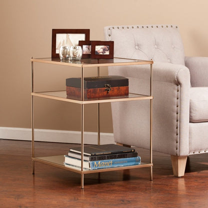27" Gold And Clear Glass And Iron End Table With Mirrored Shelf HomeRoots
