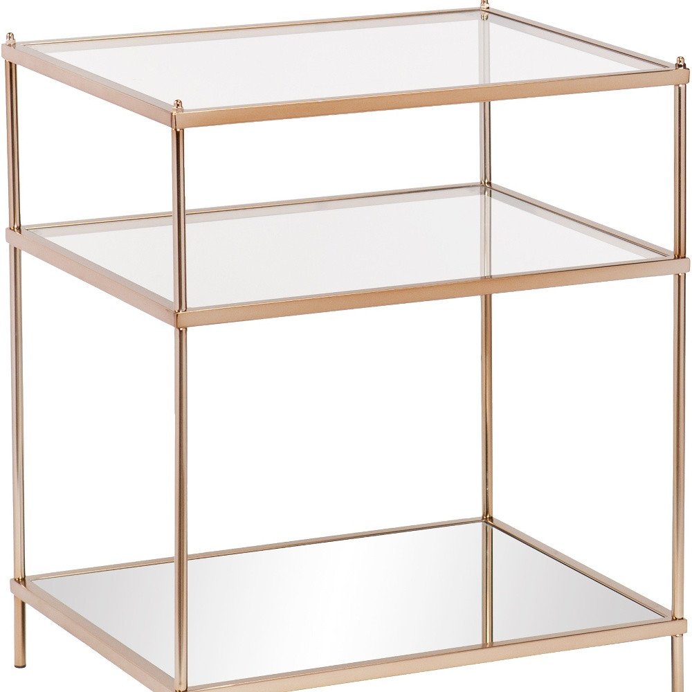 27" Gold And Clear Glass And Iron End Table With Mirrored Shelf HomeRoots