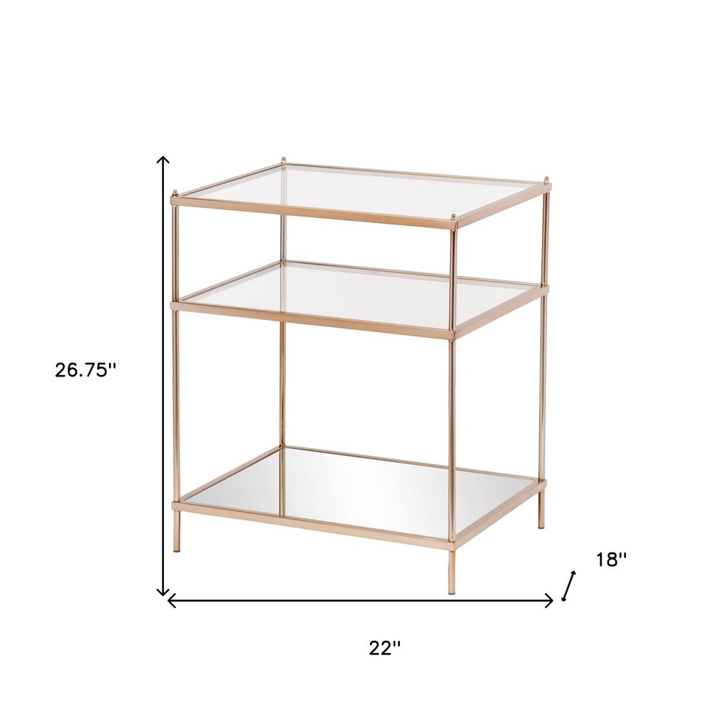 27" Gold And Clear Glass And Iron End Table With Mirrored Shelf HomeRoots