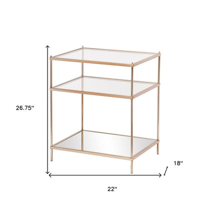 27" Gold And Clear Glass And Iron End Table With Mirrored Shelf HomeRoots