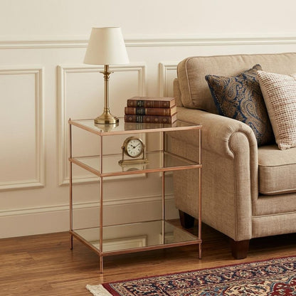 27" Gold And Clear Glass And Iron End Table With Mirrored Shelf HomeRoots