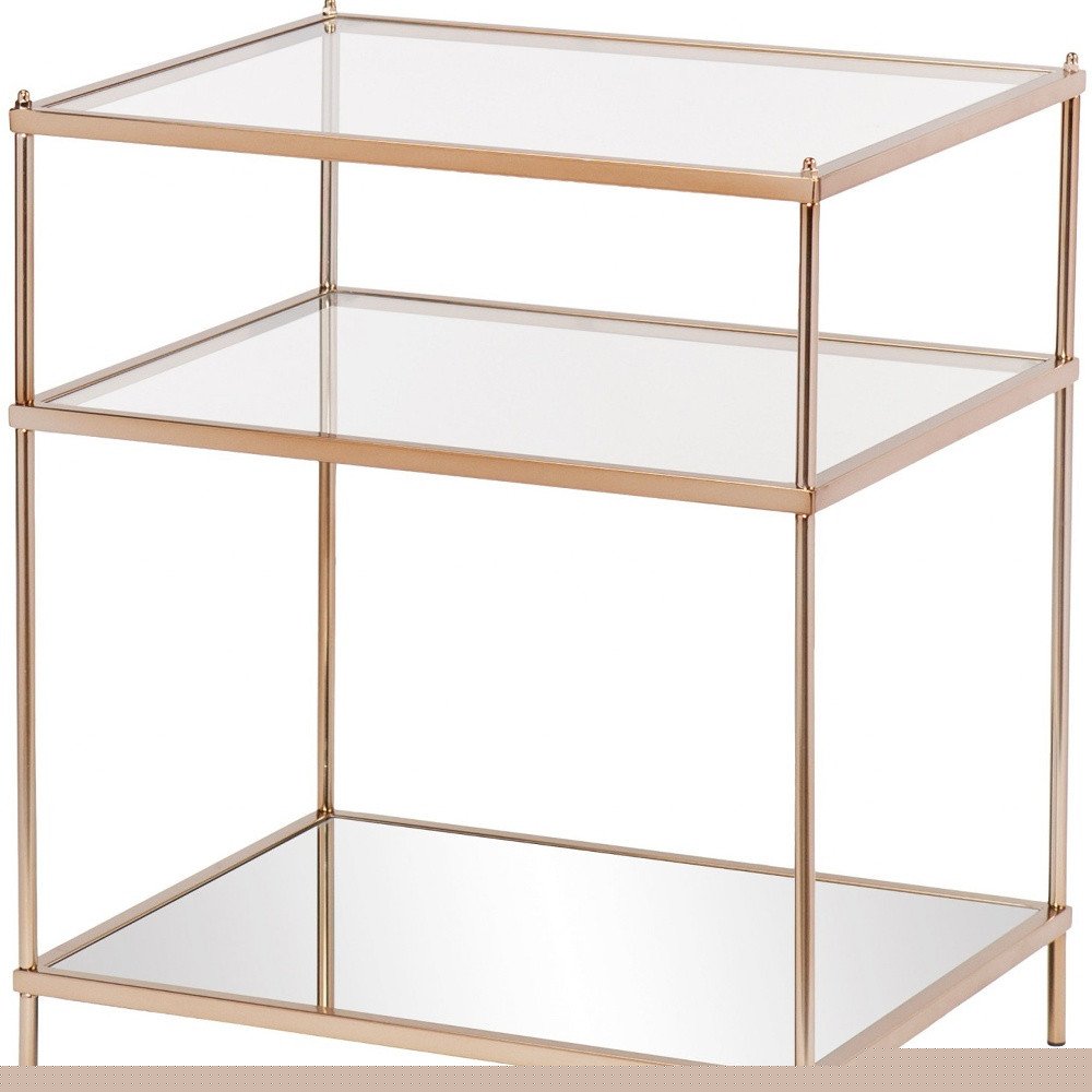 27" Gold And Clear Glass And Iron End Table With Mirrored Shelf HomeRoots