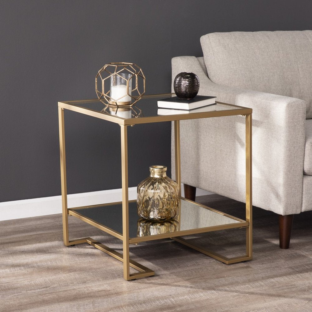 24" Gold Glass And Iron Square Mirrored End Table With Shelf HomeRoots