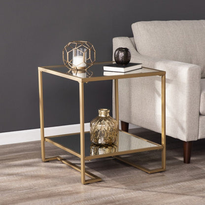 24" Gold Glass And Iron Square Mirrored End Table With Shelf HomeRoots
