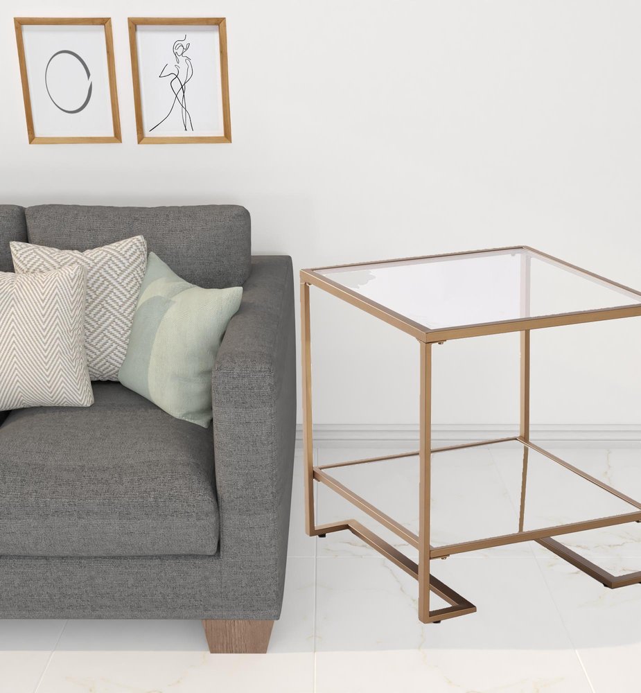 24" Gold Glass And Iron Square Mirrored End Table With Shelf HomeRoots