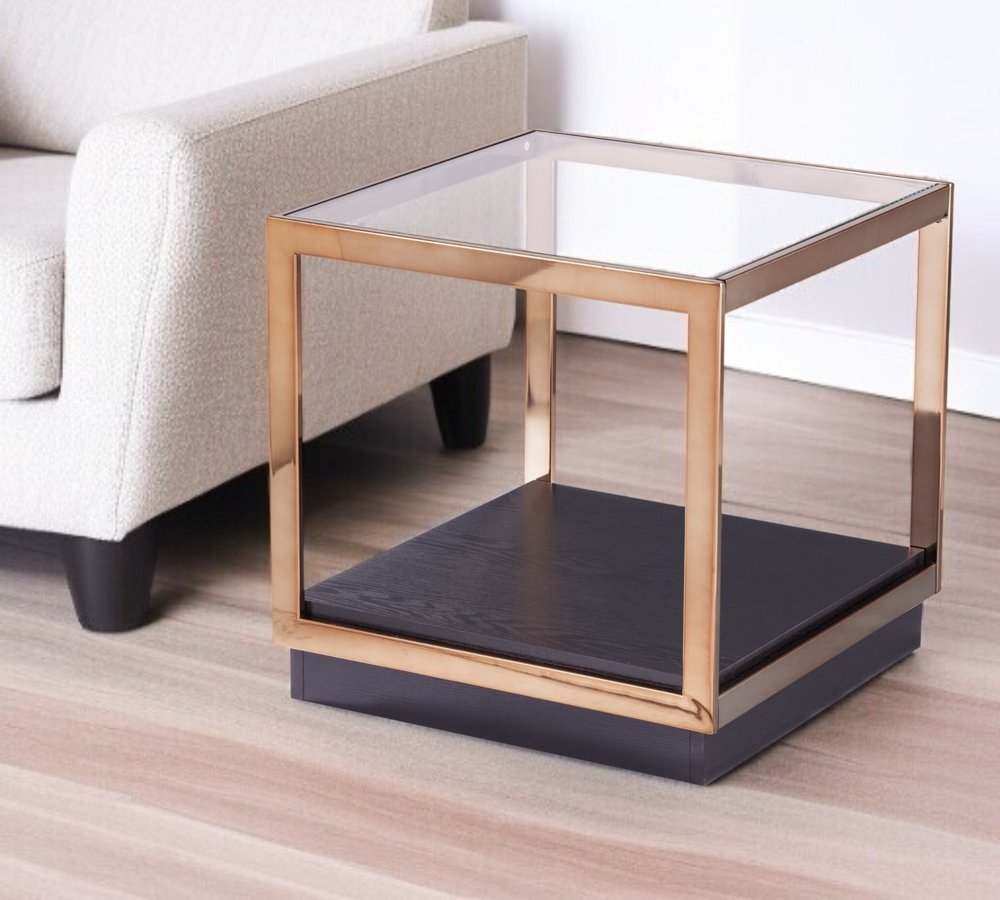 22" Champagne Glass And Iron Square Block End Table With Shelf HomeRoots