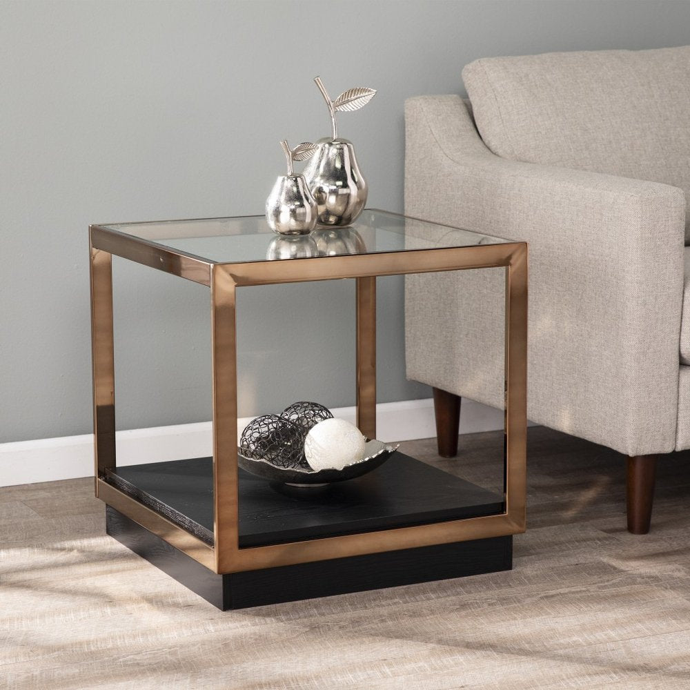 22" Champagne Glass And Iron Square Block End Table With Shelf HomeRoots