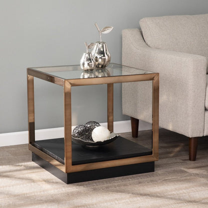 22" Champagne Glass And Iron Square Block End Table With Shelf HomeRoots