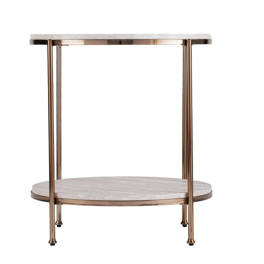 24" Champagne Faux Marble And Iron Round End Table With Shelf HomeRoots