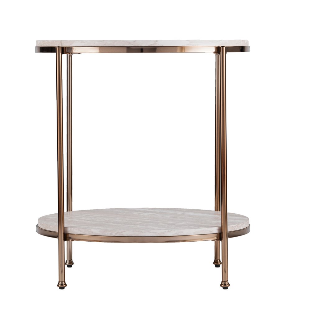 24" Champagne Faux Marble And Iron Round End Table With Shelf HomeRoots