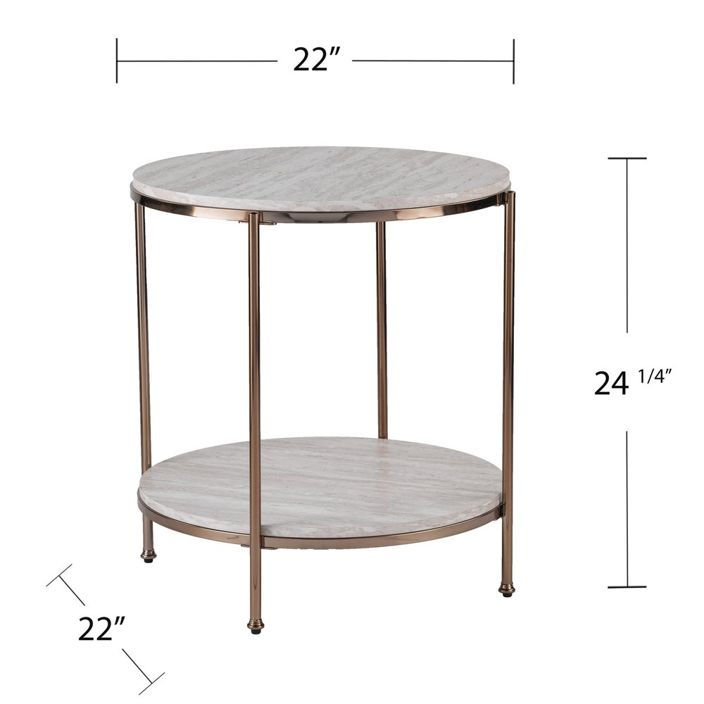 24" Champagne Faux Marble And Iron Round End Table With Shelf HomeRoots