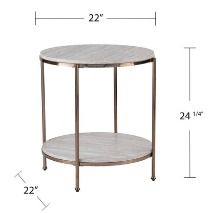 24" Champagne Faux Marble And Iron Round End Table With Shelf HomeRoots