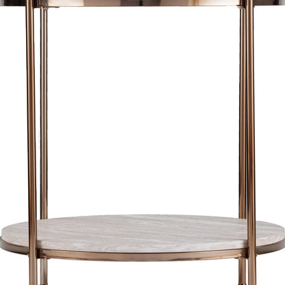 24" Champagne Faux Marble And Iron Round End Table With Shelf