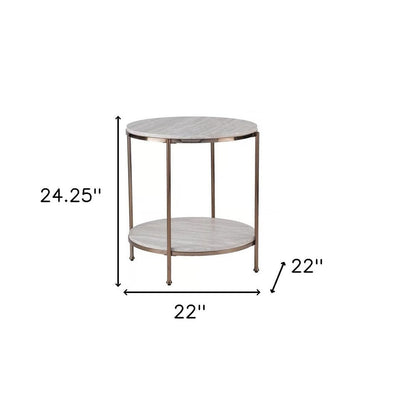 24" Champagne Faux Marble And Iron Round End Table With Shelf HomeRoots