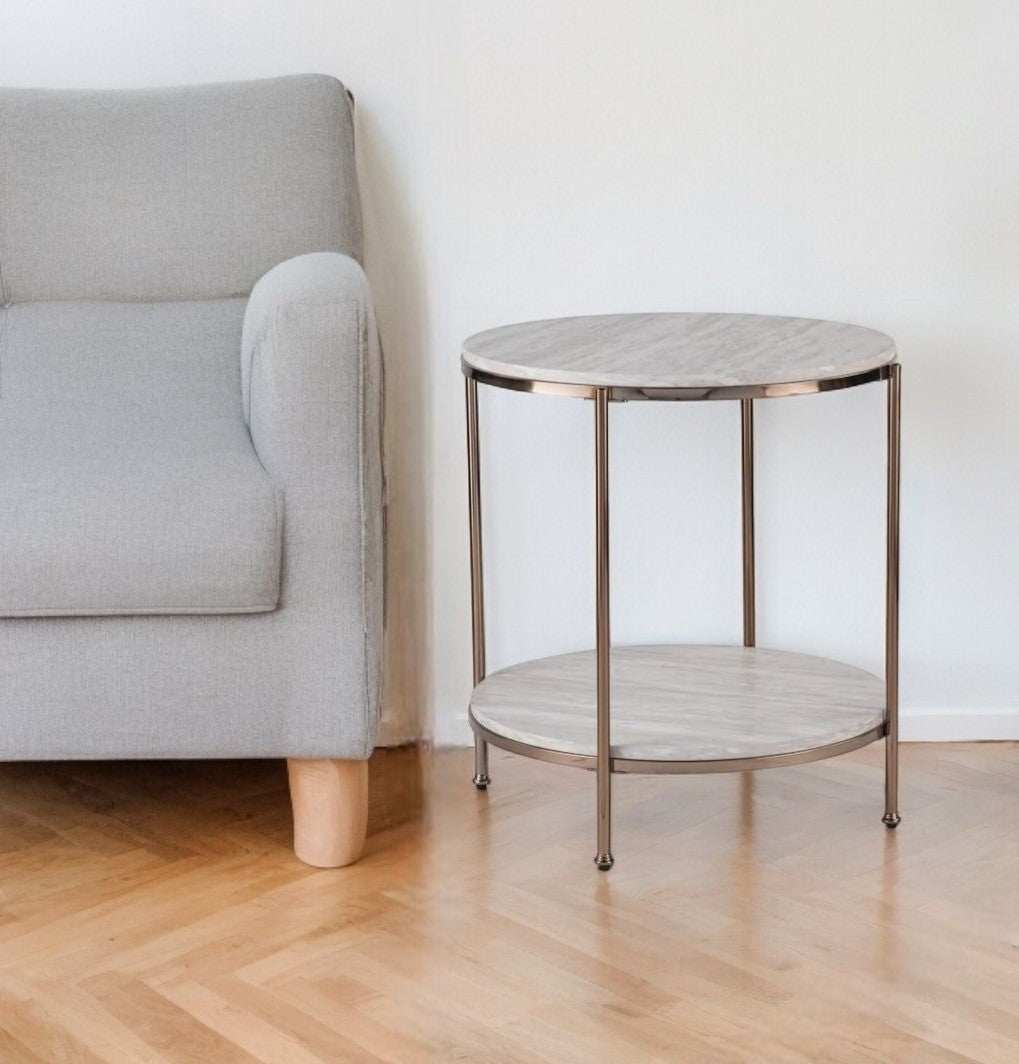 24" Champagne Faux Marble And Iron Round End Table With Shelf