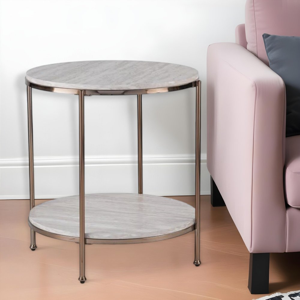 24" Champagne Faux Marble And Iron Round End Table With Shelf HomeRoots