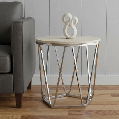 23" Off White And Silver Faux Stone And Iron Round Frame End Table
