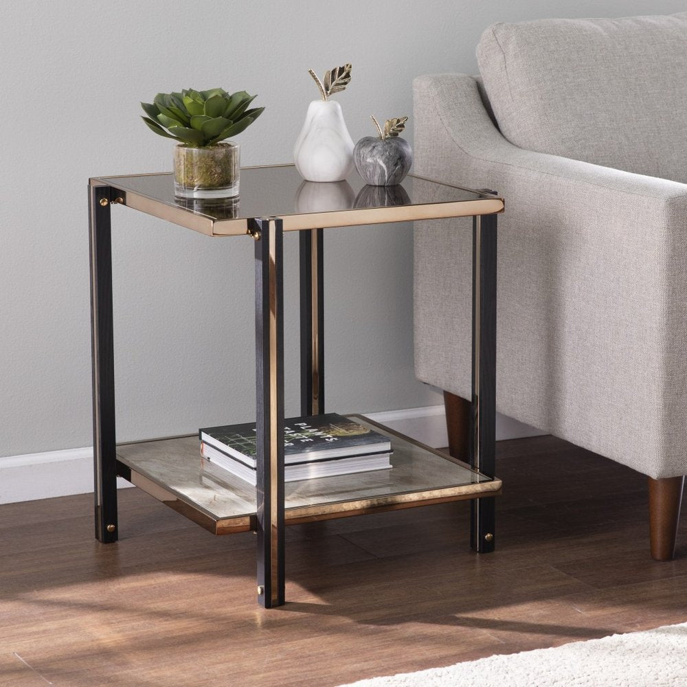 24" Champagne Glass And Iron Square Mirrored End Table With Shelf HomeRoots