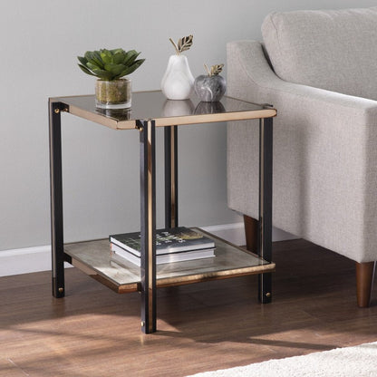 24" Champagne Glass And Iron Square Mirrored End Table With Shelf HomeRoots