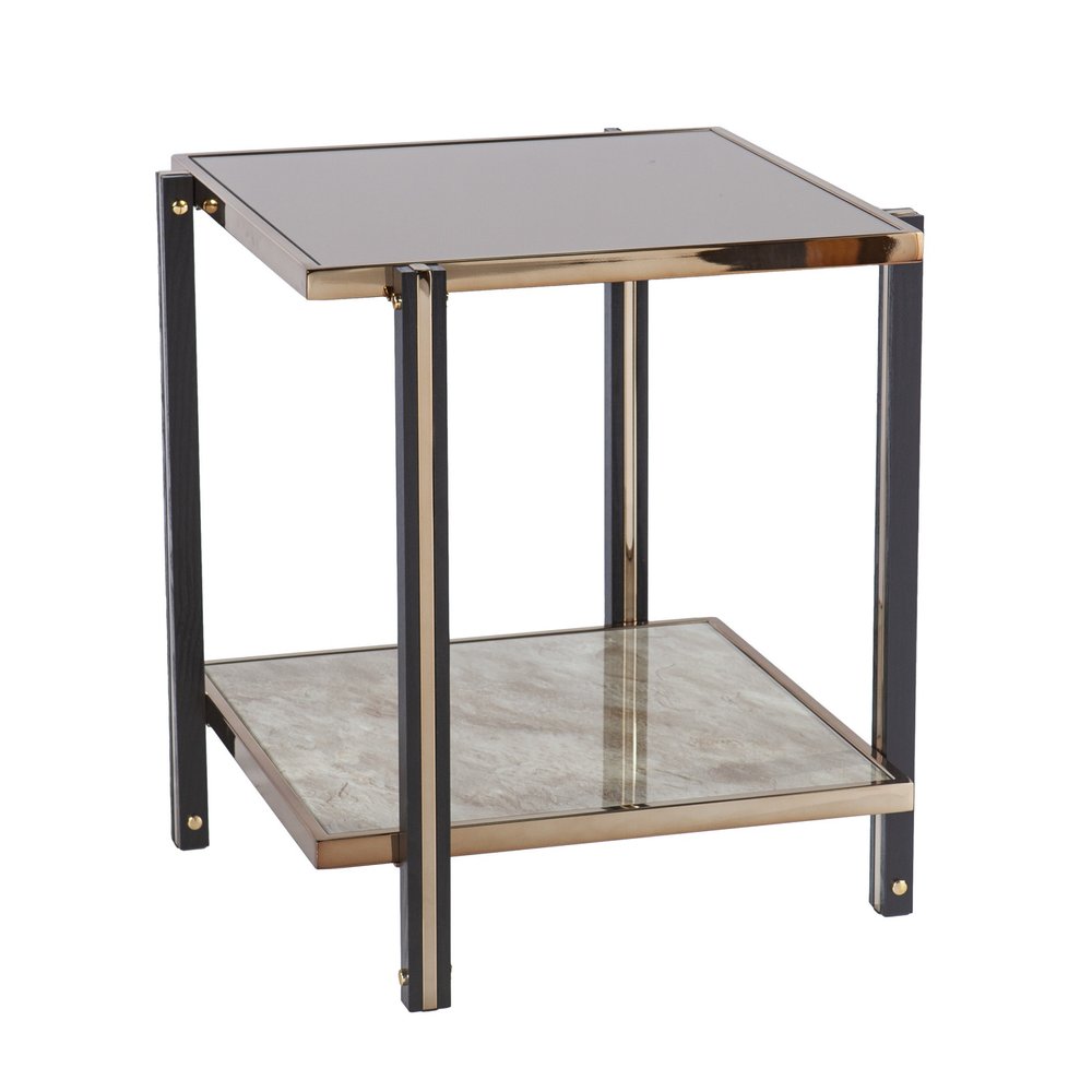 24" Champagne Glass And Iron Square Mirrored End Table With Shelf HomeRoots