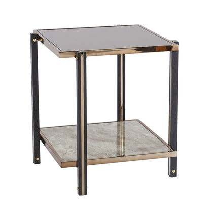 24" Champagne Glass And Iron Square Mirrored End Table With Shelf HomeRoots