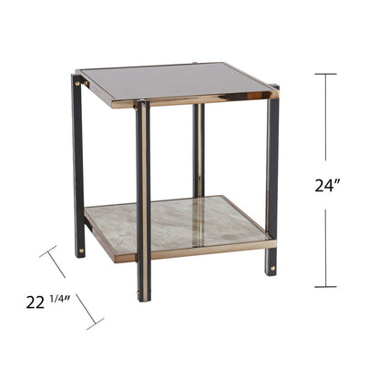 24" Champagne Glass And Iron Square Mirrored End Table With Shelf HomeRoots
