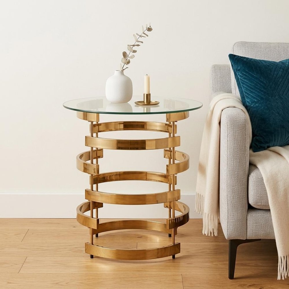 21" Champagne Glass And Iron Round End Table — view 9